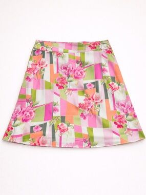 S.L.B Silk Floral Skirt Womens XL A Line Pink Green Retro Spring Summer